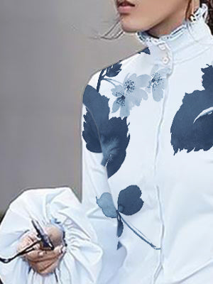 Langarm-Blusen und -Hemden mit lockerem Knopfverschluss und Blätterdruck und hohem Kragen 