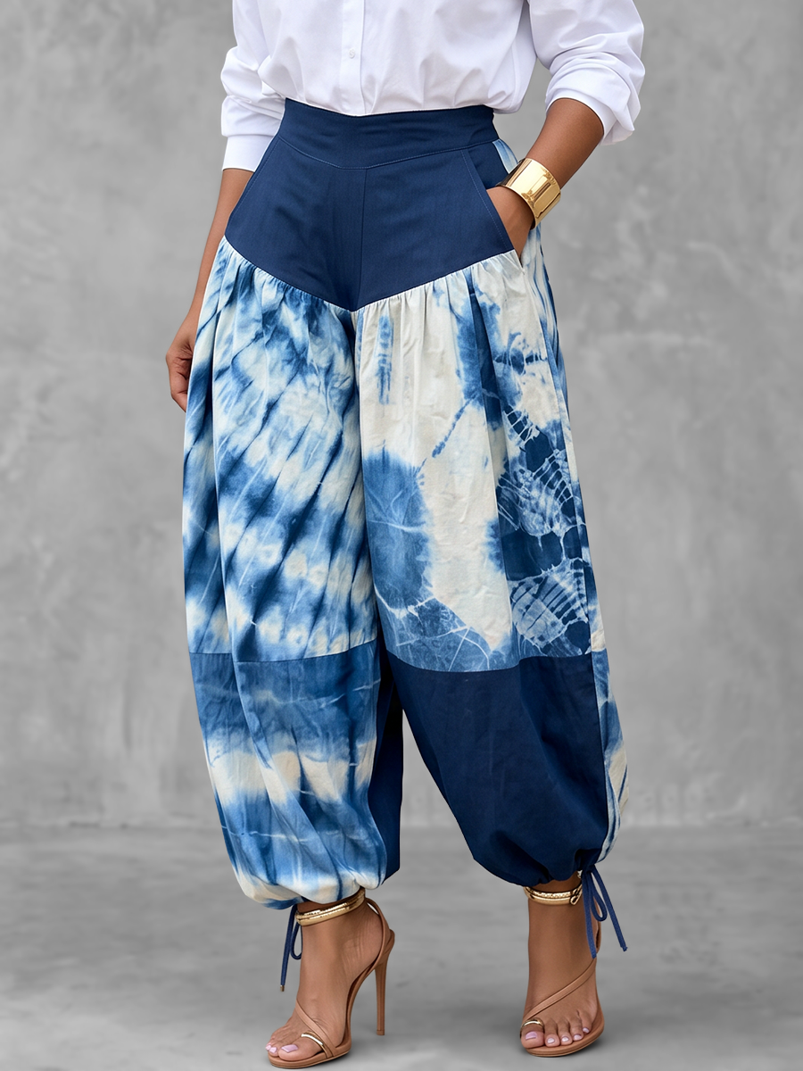 Split-Joint Printed Contrast Color High Waisted Trousers Ankle-Tied Pants