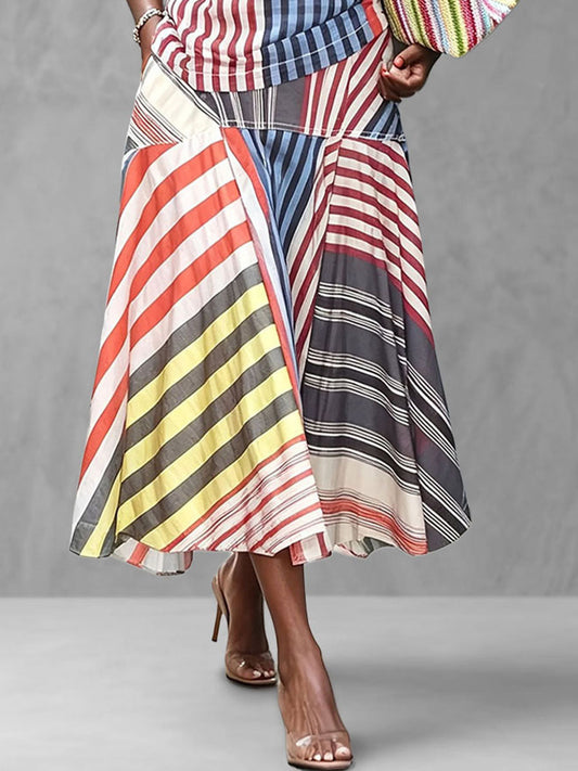 Striped Split-Joint Pockets Loose A-line Skirts Bottoms