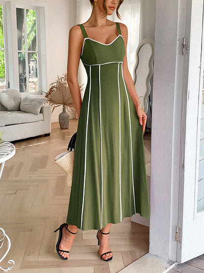 A-Linien-Midikleider mit hoher Taille, kontrastfarbenem Reißverschluss und Spaghetti-Ausschnitt 