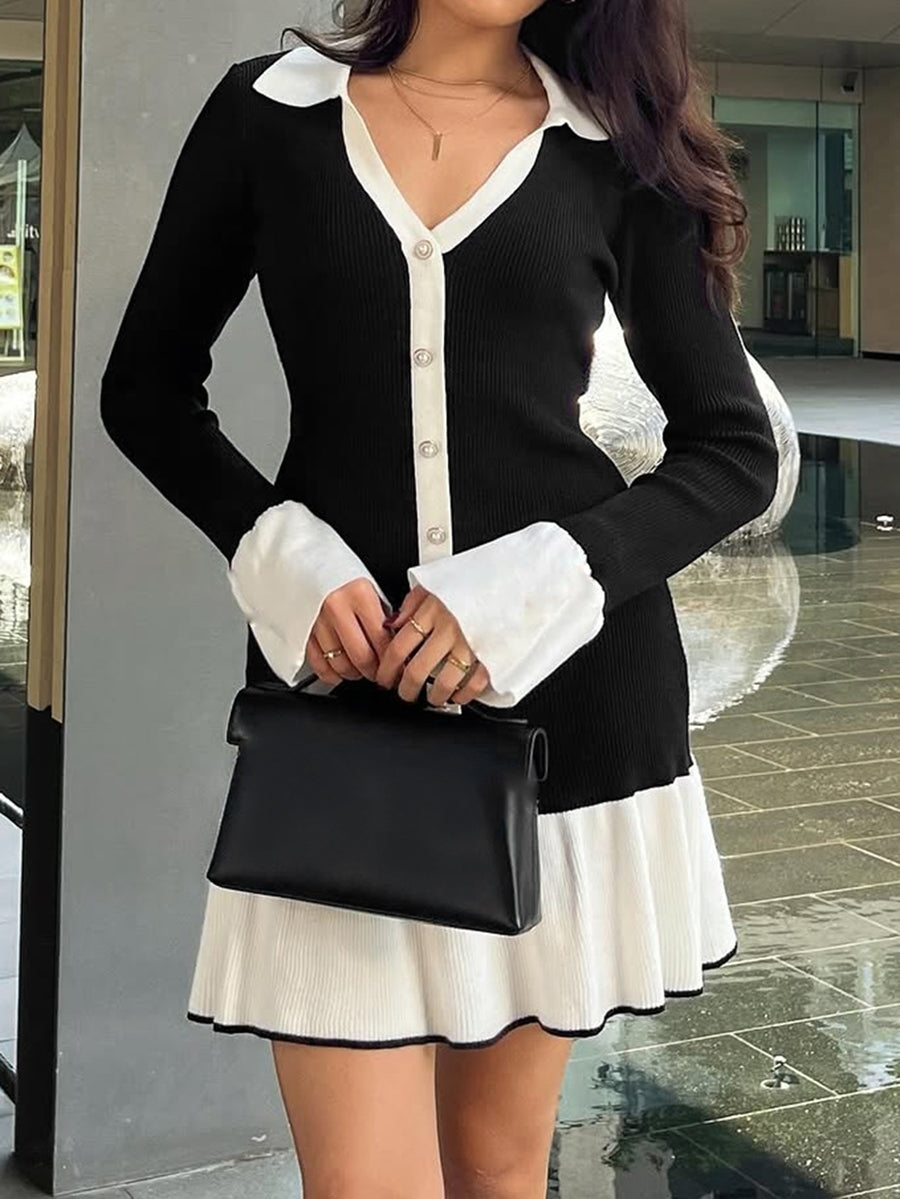 Split-Joint Ruffled Contrast Color Buttoned Long Sleeves High Waisted V-neck Mini Dresses