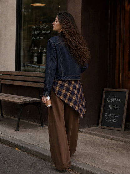 Pockets Plaid Wide Leg High Waisted Trousers Pants