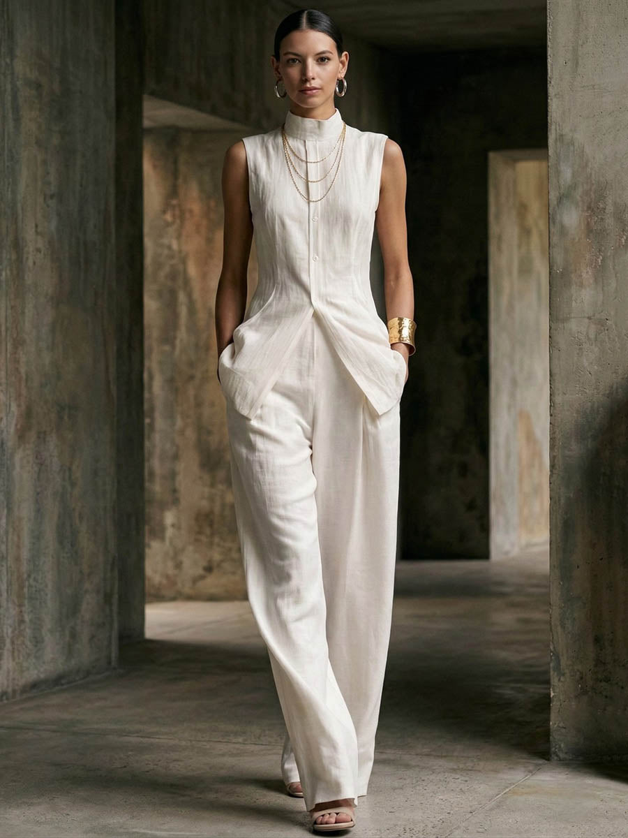 Loose Sleeveless Buttoned Solid Color Stand Collar Vest Top