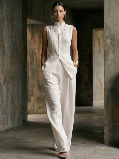 Loose Sleeveless Buttoned Solid Color Stand Collar Vest Top