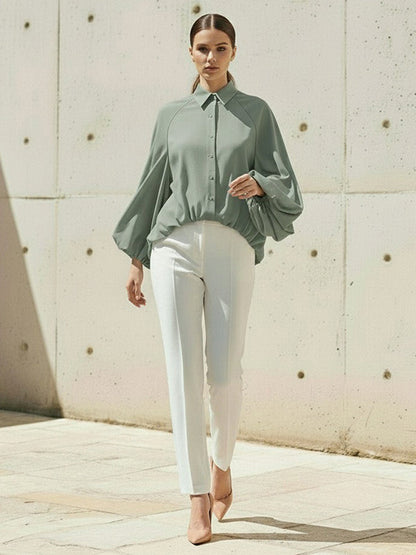 High-Low Puff Sleeves Buttoned Solid Color Split-Joint Lapel Blouses