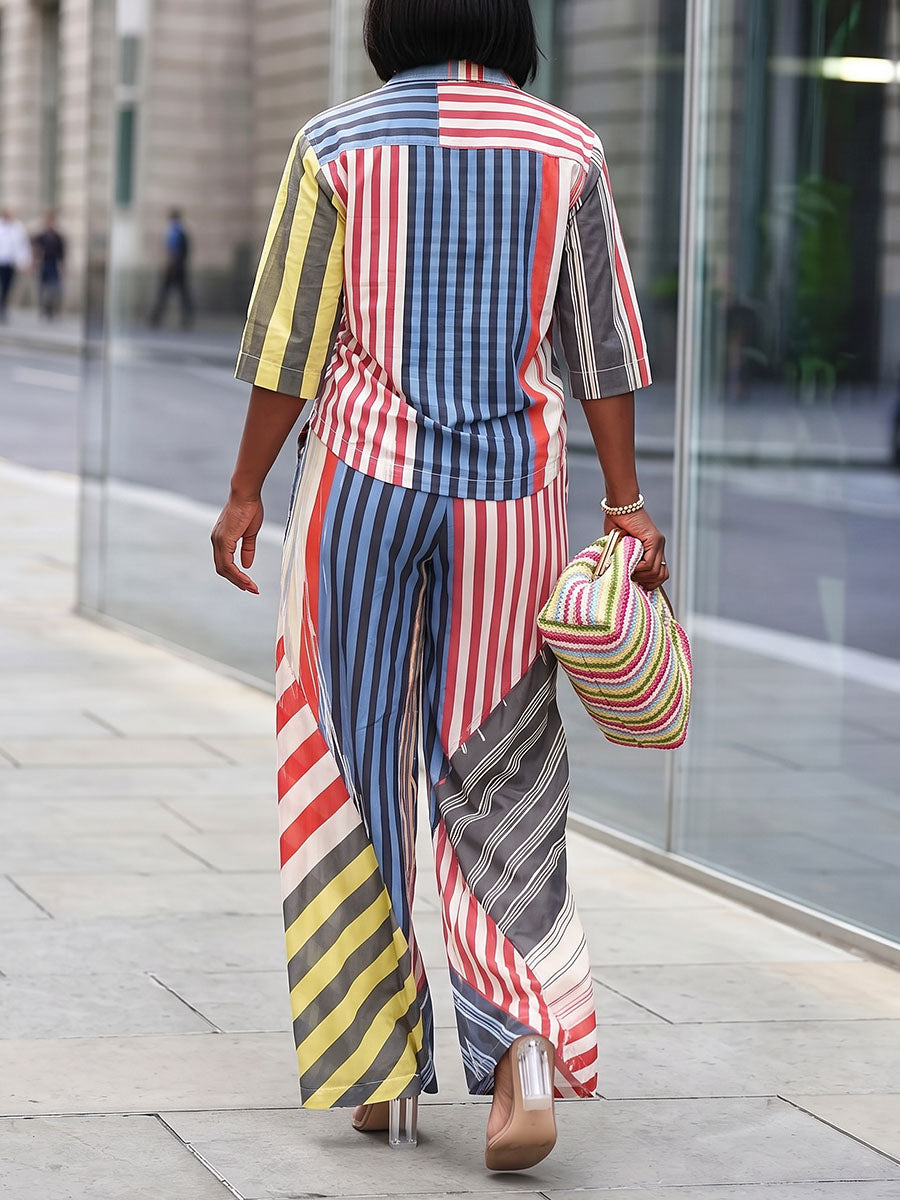 Striped Split-Joint Pockets Wide Leg Loose Trousers Pants