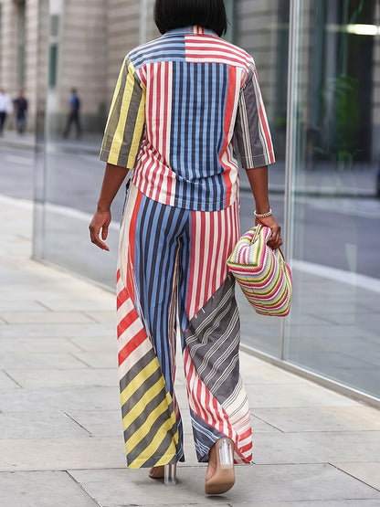 Striped Split-Joint Pockets Wide Leg Loose Trousers Pants