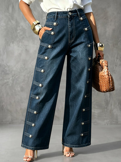 Pockets Buttoned Wide Leg Loose Jean Pants Bottoms