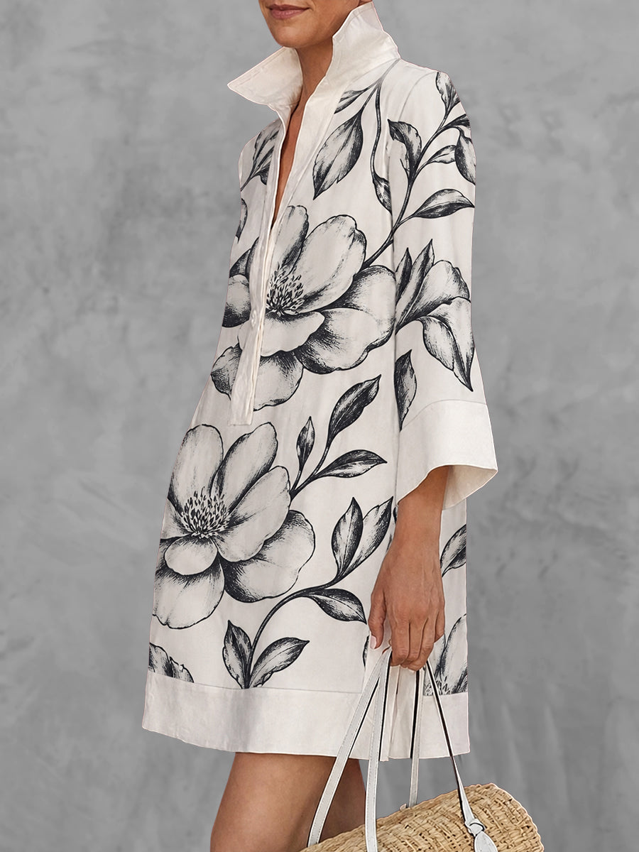 Flower Print Buttoned Three-quarter Sleeves Loose Stand Collar Mini Dresses