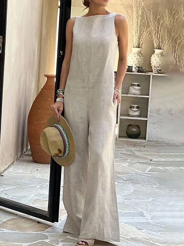 Loose Sleeveless Solid Color Split-Joint Round-Neck Jumpsuits KHAKI