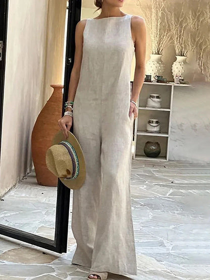 Loose Sleeveless Solid Color Split-Joint Round-Neck Jumpsuits KHAKI