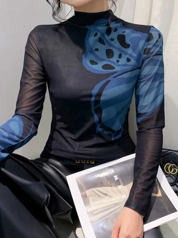 Long Sleeves Skinny Butterfly Print Split-Joint Mock Neck T-Shirts Tops
