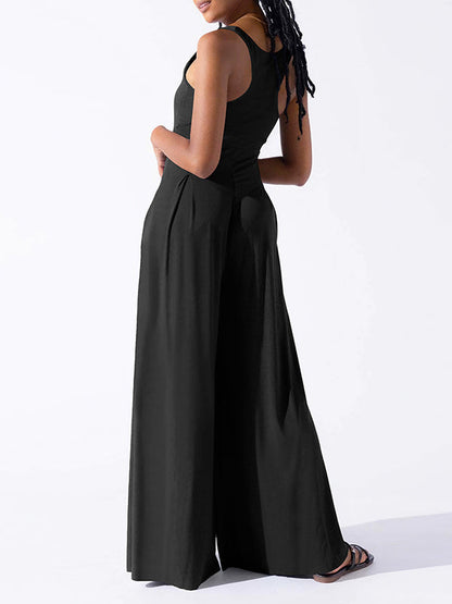Loose Sleeveless Pleated Solid Color Spaghetti-Neck Jumpsuits
