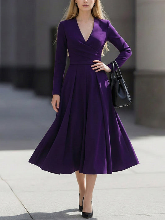 A-Line Long Sleeves Pleated Pockets Solid Color V-Neck Midi Dresses