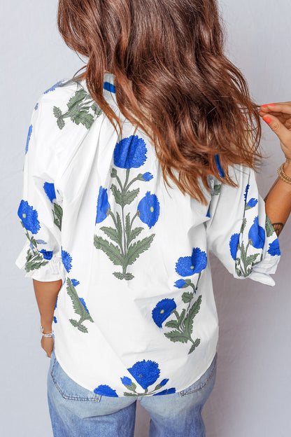 Casual Wild Flower Print V Neck 3/4 Sleeve Blouse