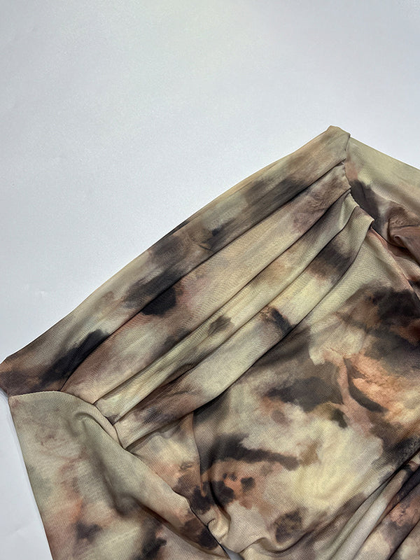 Long Sleeves Skinny Pleated Split-Joint Tie Dye Off-The-Shoulder T-Shirts Tops