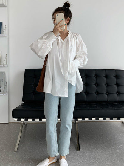 Urban Loose Puffärmel Agaric Laces Falbala Einfarbige Blusen 