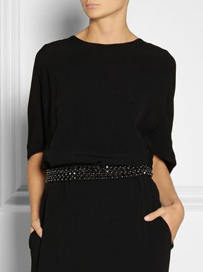 Half Sleeves Loose Rhine Stones Split-Joint Round-Neck Maxi Dresses