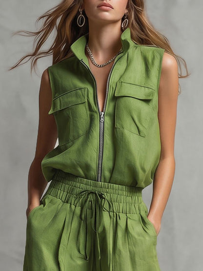Sleeveless Pockets Solid Color Zipper Lapel Vest Top