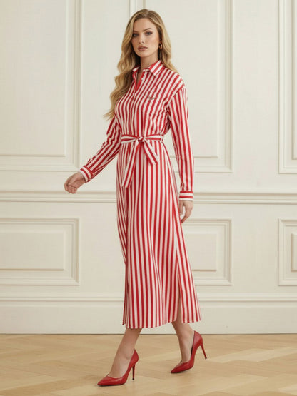 Elasticated Waist High Waisted Buttoned Contrast Color Split-Joint Split-Side Striped Tied Lapel Midi Dresses Shirt Dress