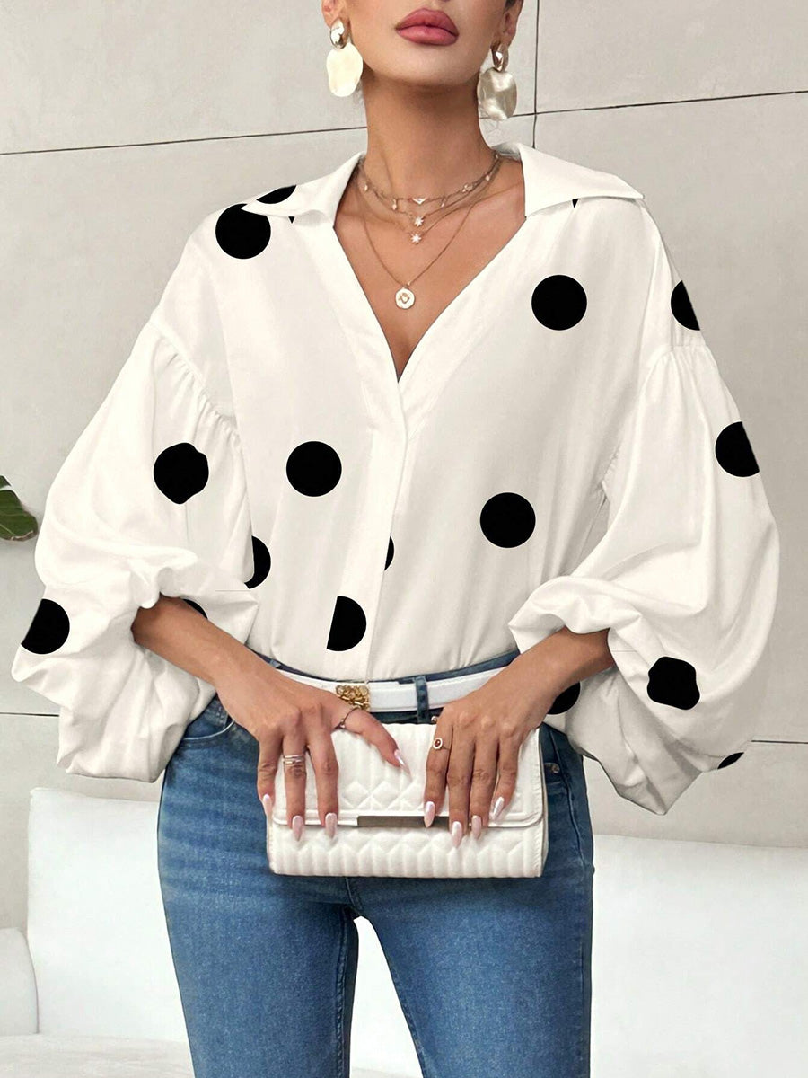 Long Sleeves Loose Contrast Color Pleated Polka Dot Split-Joint Lapel Blouses&Shirts Tops