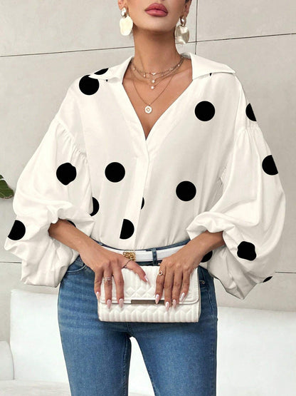 Long Sleeves Loose Contrast Color Pleated Polka Dot Split-Joint Lapel Blouses&Shirts Tops