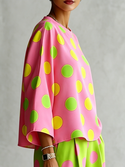 Loose Three-Quarter Sleeves Contrast Color Polka-Dot Round-Neck Blouses&Shirts Tops