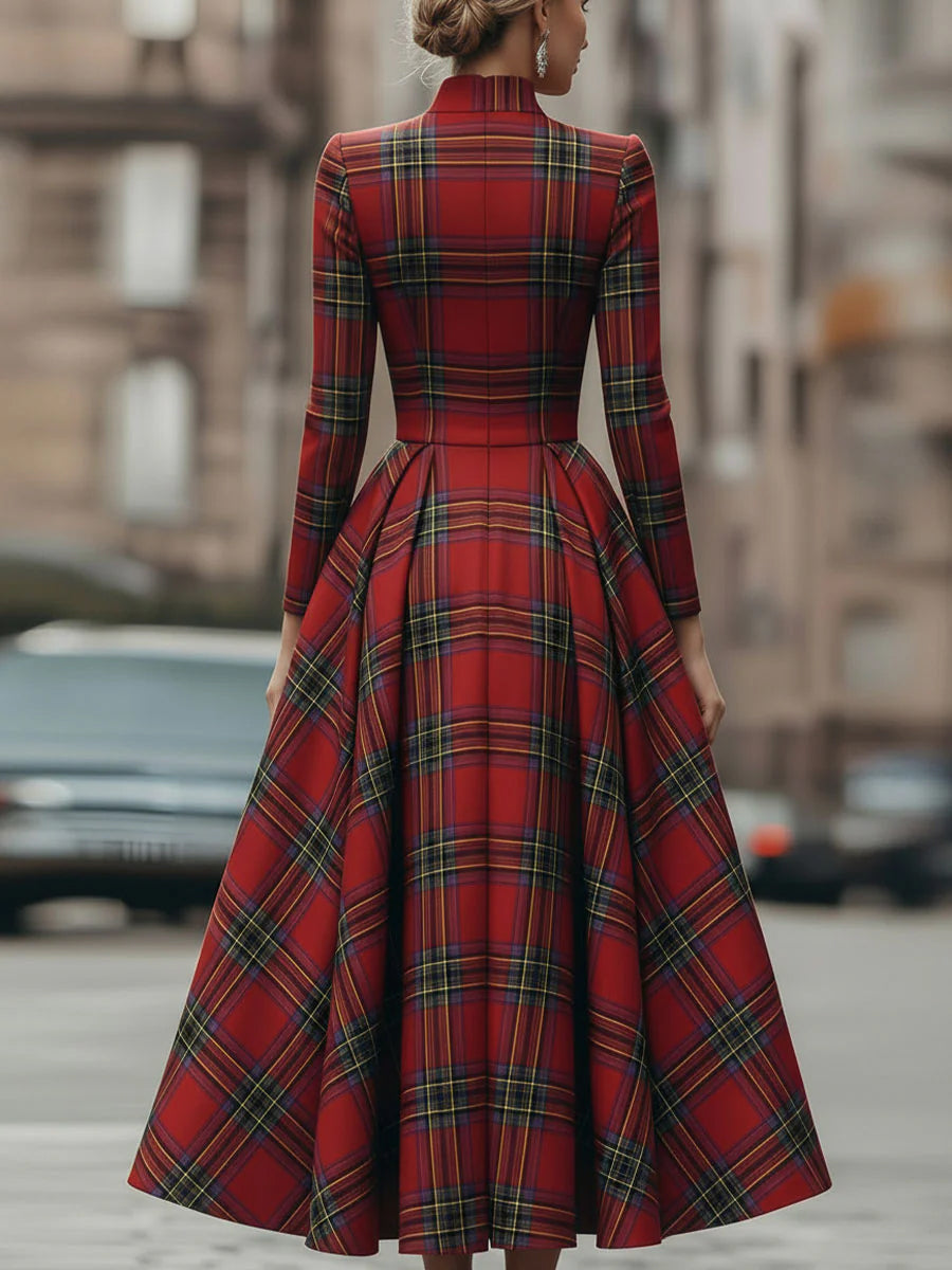 A-Line High Waisted Plaid Pleated Split-Joint Zipper Lapel Maxi Dresses