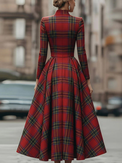 A-Line High Waisted Plaid Pleated Split-Joint Zipper Lapel Maxi Dresses