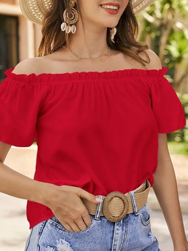 Loose Short Sleeves Elasticity Ruffle Trim Solid Color Off-The-Shoulder Blouses&Shirts Tops