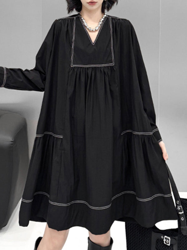 A-Line Long Sleeves Comfort Contrast Color Pleated V-Neck Mini Dresses