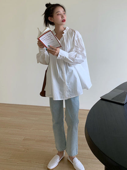 Urban Loose Puffärmel Agaric Laces Falbala Einfarbige Blusen 