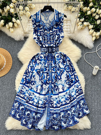 Sleeveless Belt Buckle Buttoned Contrast Color Floral Printed Midi Dresses