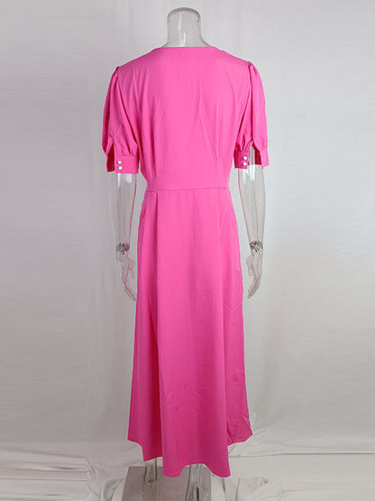 High Waisted Loose Buttoned Round-Neck Midi Dresses