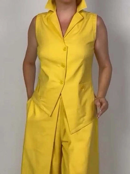 Sleeveless Solid Color Split-Joint Lapel Vest Top
