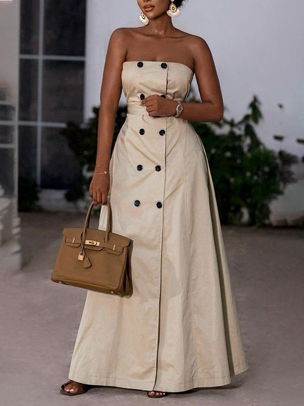 A-Line Loose Belted Buttoned Pockets Tube Maxi Dresses