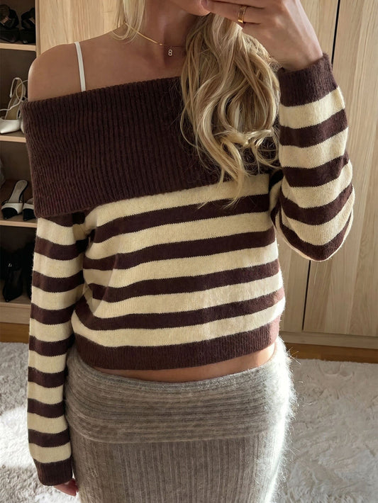 Striped Contrast Color Loose Long Sleeves Off-the-shoulder Sweater Tops