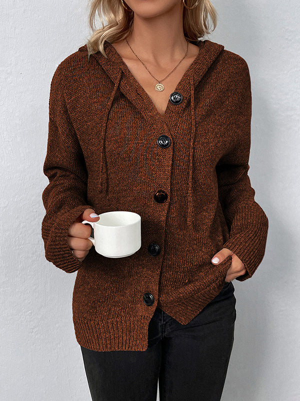 Cardigan boutonné à capuche de couleur unie 