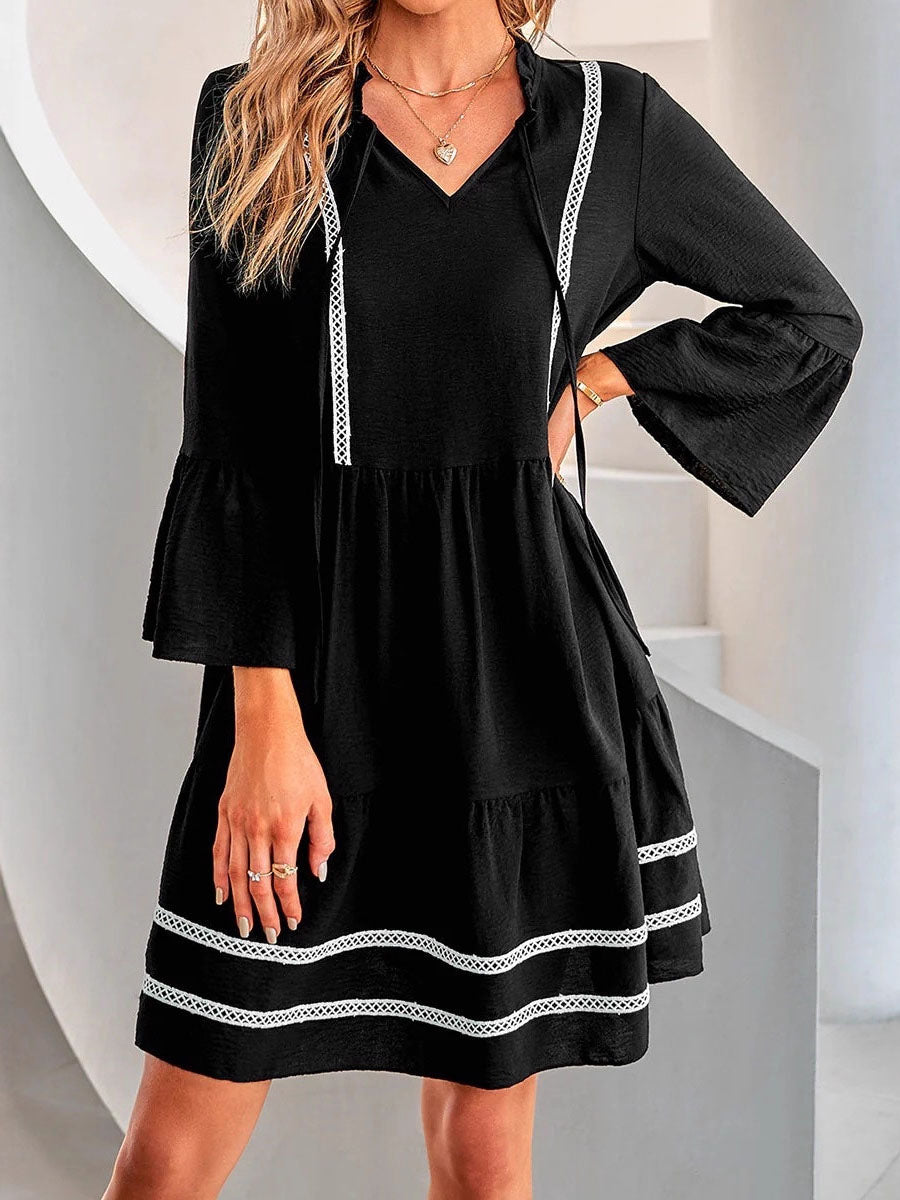 Flared Sleeves High Waisted Pleated Split-Joint V-Neck Mini Dresses