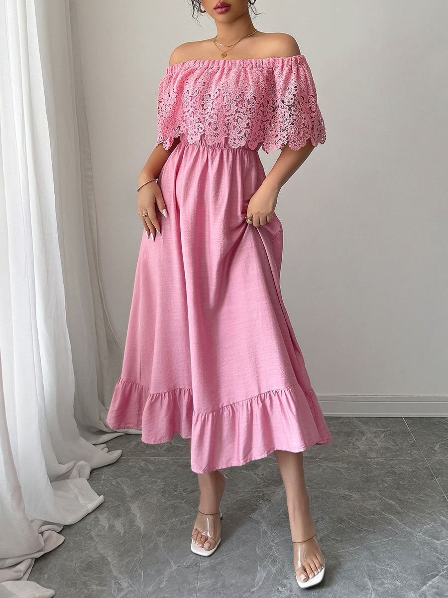 A-Line High Waisted Pleated Ruffled Solid Color Split-Joint One-Shoulder Midi Dresses