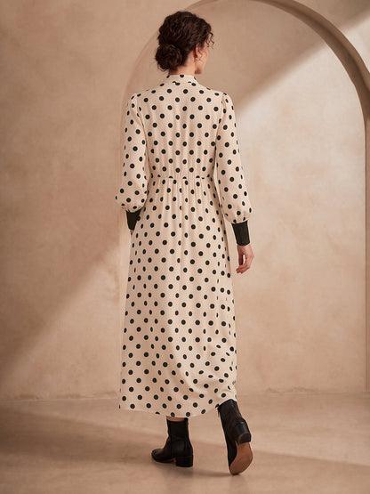 Split-Joint Polka-Dot Pockets Elasticity Buttoned Loose Long Sleeves Lapel Midi Dresses