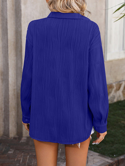 Long Sleeves Buttoned Jacquard Pleated Solid Color Blouses&Shirts Tops
