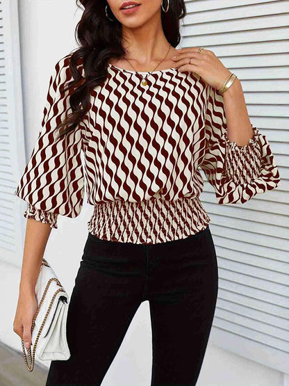 Lose Puffärmel Elastizität Bedruckte Blusen und Hemden mit geteiltem Kragen und Rundhalsausschnitt 