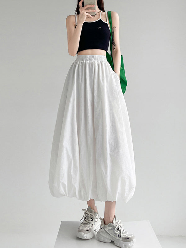 A-Line Loose Elasticity Pleated Pockets Solid Color Skirts Bottoms