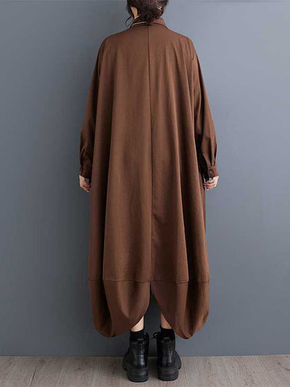 A-Line Long Sleeves Buttoned Pockets Solid Color Split-Joint Lapel Midi Dresses Shirt Dress