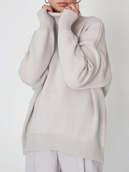 High-Low Long Sleeves Solid Color Split-Joint High Neck Sweater Tops