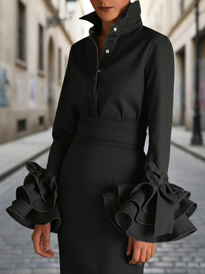 Flared Sleeves Long Sleeves Buttoned Ruffled Split-Joint Stand Collar Blouses&shirts Tops