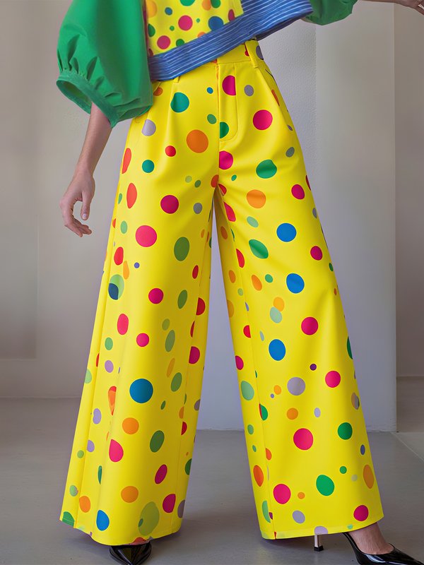 High Waisted Loose Contrast Color Pockets Polka-Dot Pants Trousers