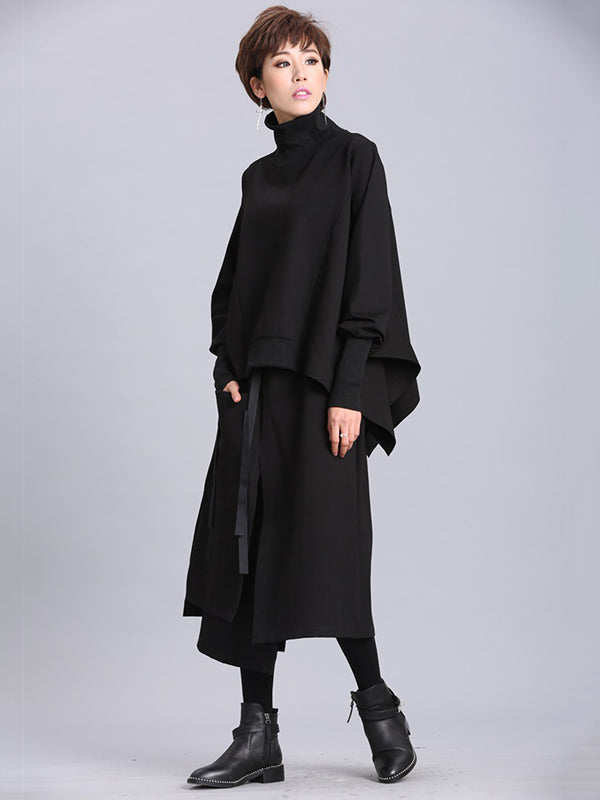 Raised Bands Split-Joint Asymmetric Black Empire Skirt