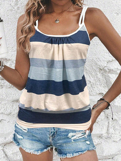 Loose Sleeveless Contrast Color Pleated Spaghetti-Neck Vest Top